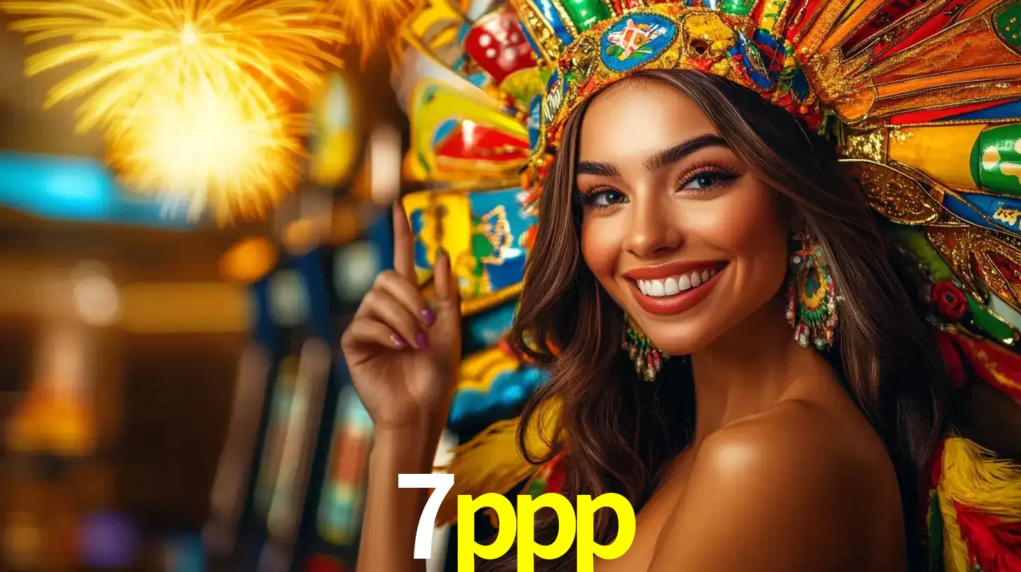 Mulher sorridente com um cocar de carnaval vibrante e colorido, celebrando uma grande vitória nos jogos do cassino 7ppp com fogos de artifício ao fundo.