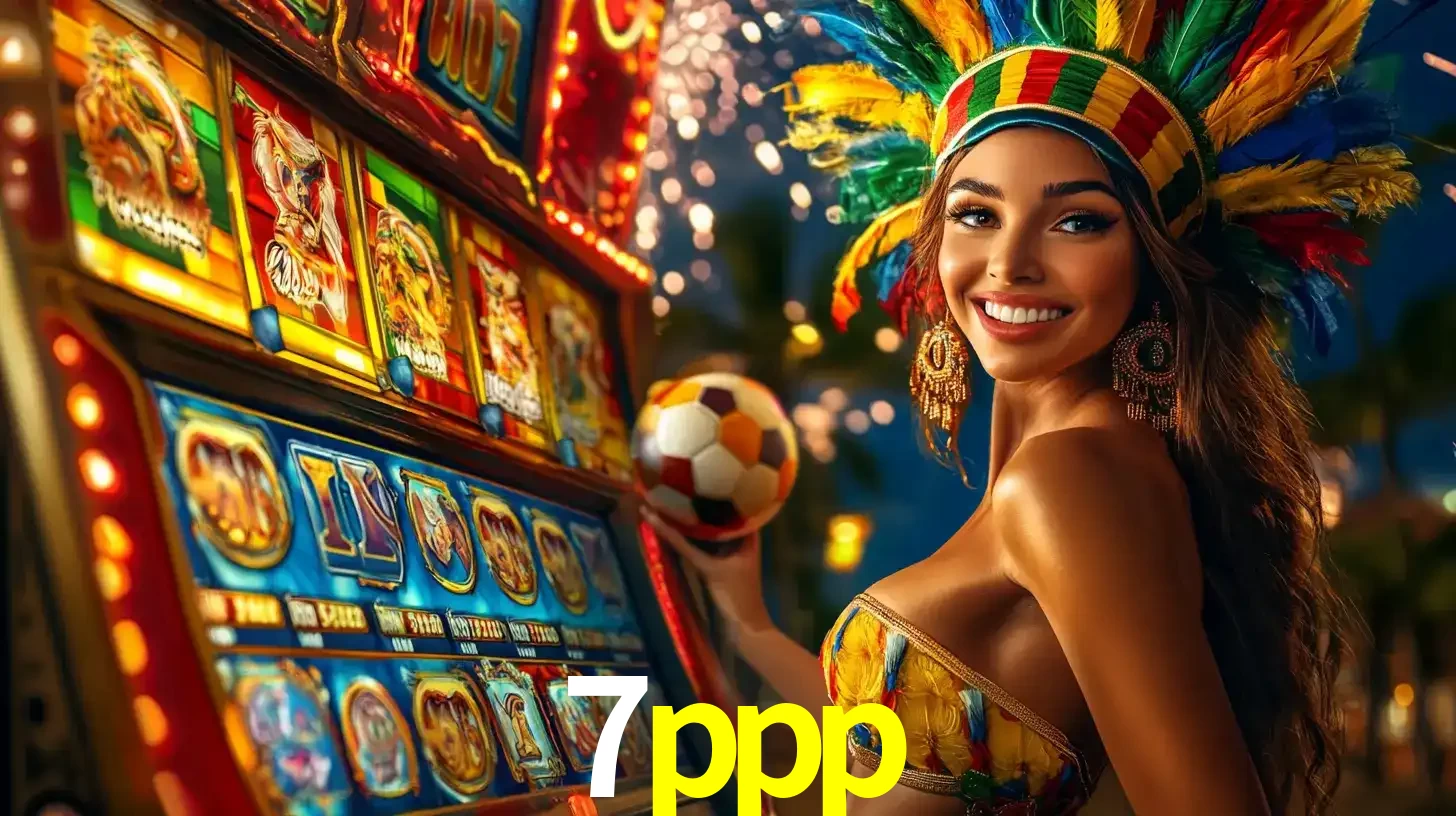 Mulher com um cocar de carnaval ao lado de uma máquina de caça-níqueis enquanto segura uma bola de futebol, mostrando a união da diversão de cassino e esportes no 7ppp.