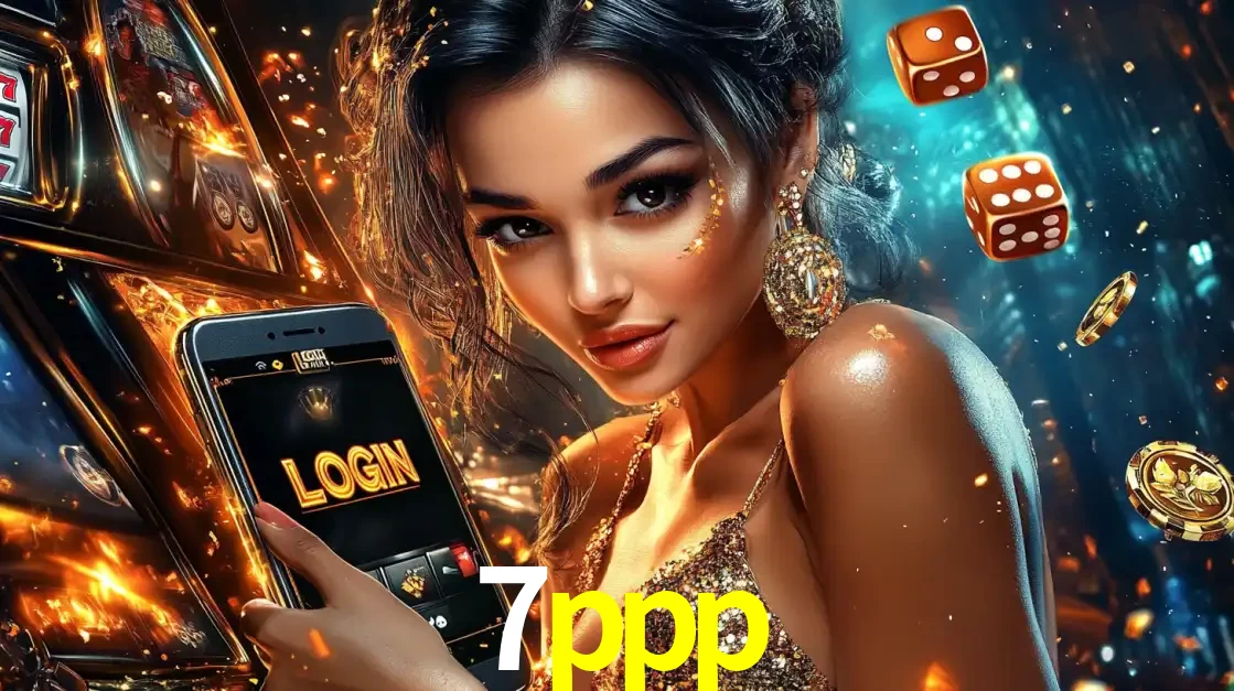 Mulher glamourosa segurando um celular com a tela de login do cassino 7ppp, rodeada por dados e moedas douradas, pronta para começar a diversão.