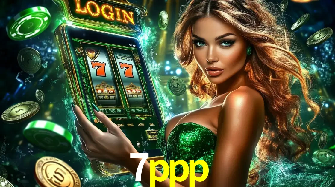 Mulher com tema verde apresentando o aplicativo do cassino 7ppp com um jogo de slot de 777, cercada por fichas de cassino e uma aura de sorte.